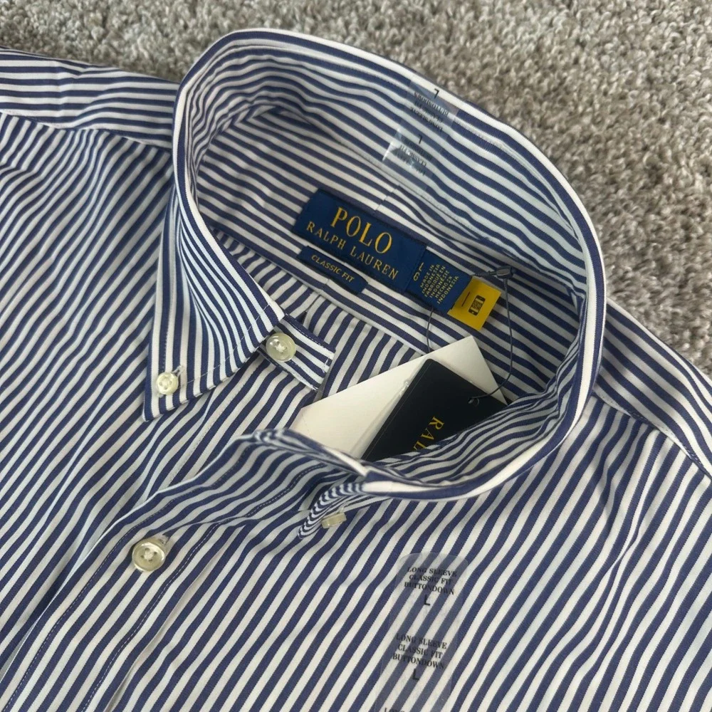 Polo Ralph Lauren Button Down Shirt Mens Large Navy Striped Classic Fit NWT